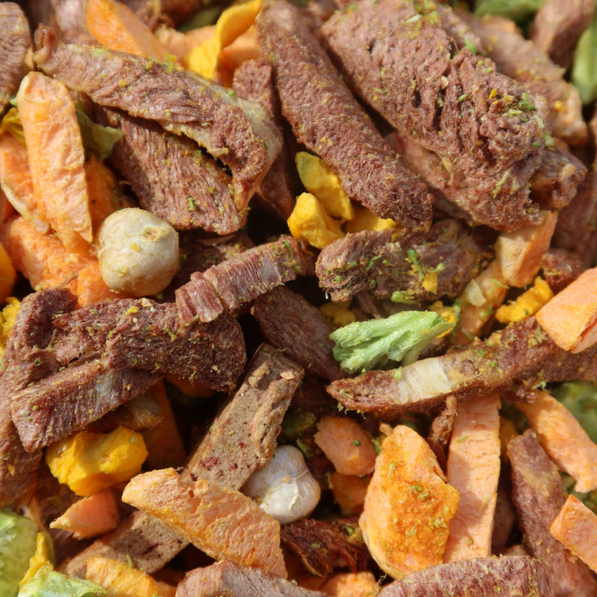 Premium grain-free, raw freeze-dried dog food with quality proteins. Shop NZ wide shipping. Grass-fed beef and chickpeas.