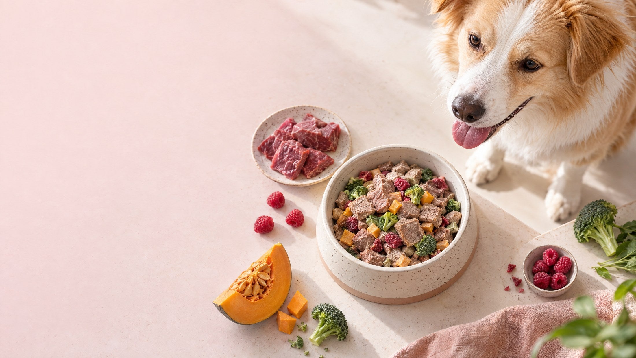 Purebowl real-food meal and a happy dog